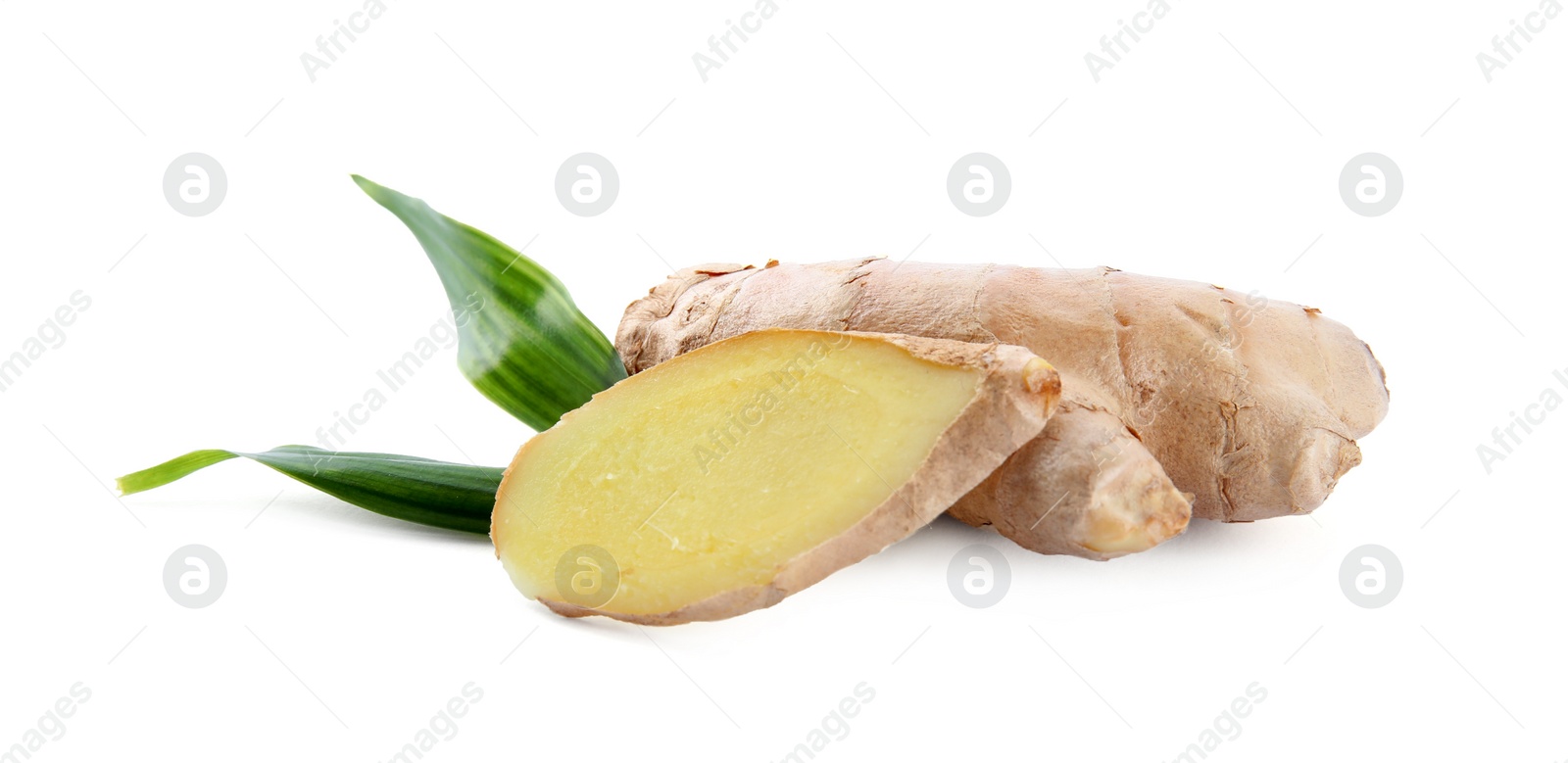 Photo of Whole and cut fresh ginger with leaves isolated on white background