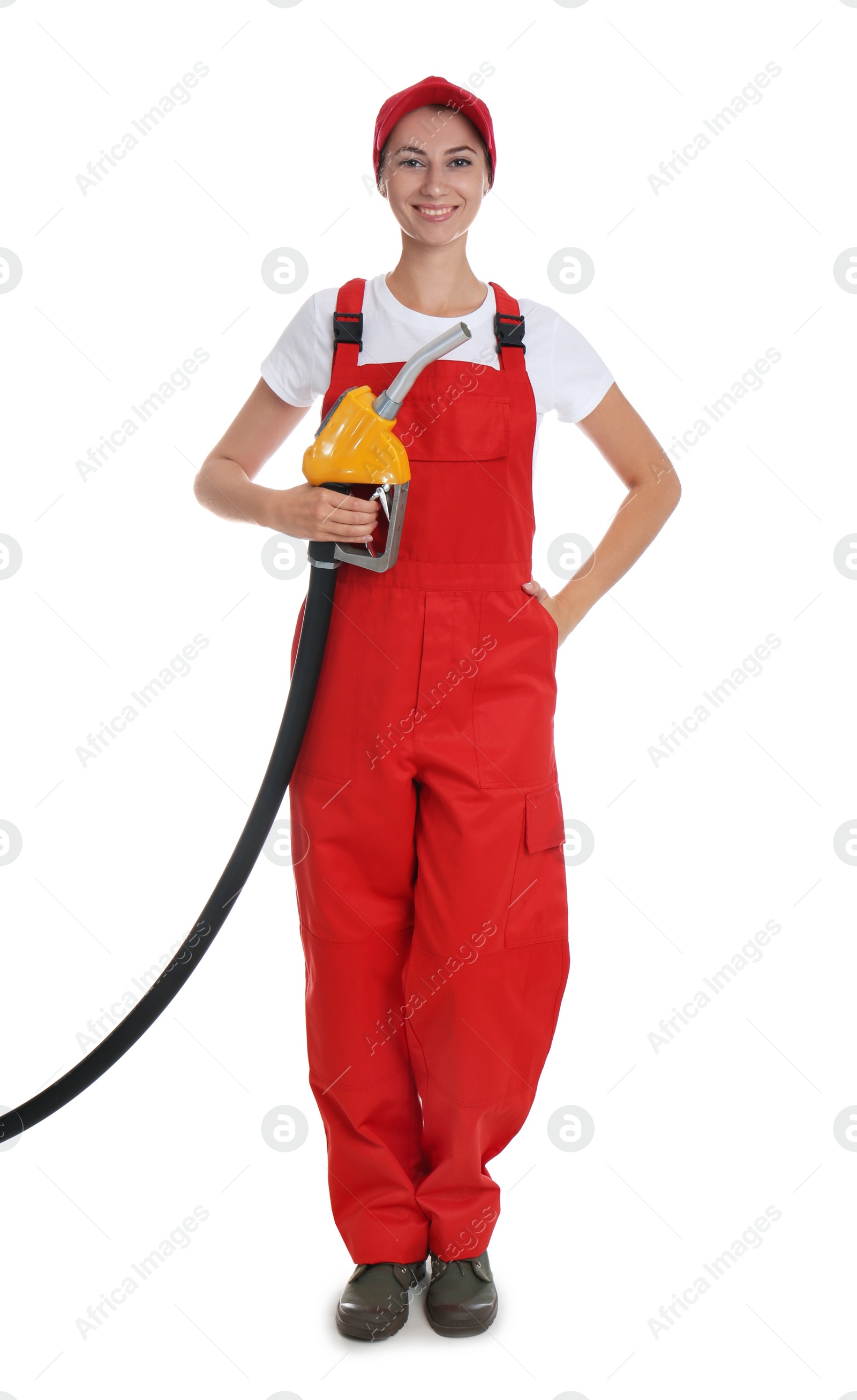 Photo of Gas station worker with fuel nozzle on white background