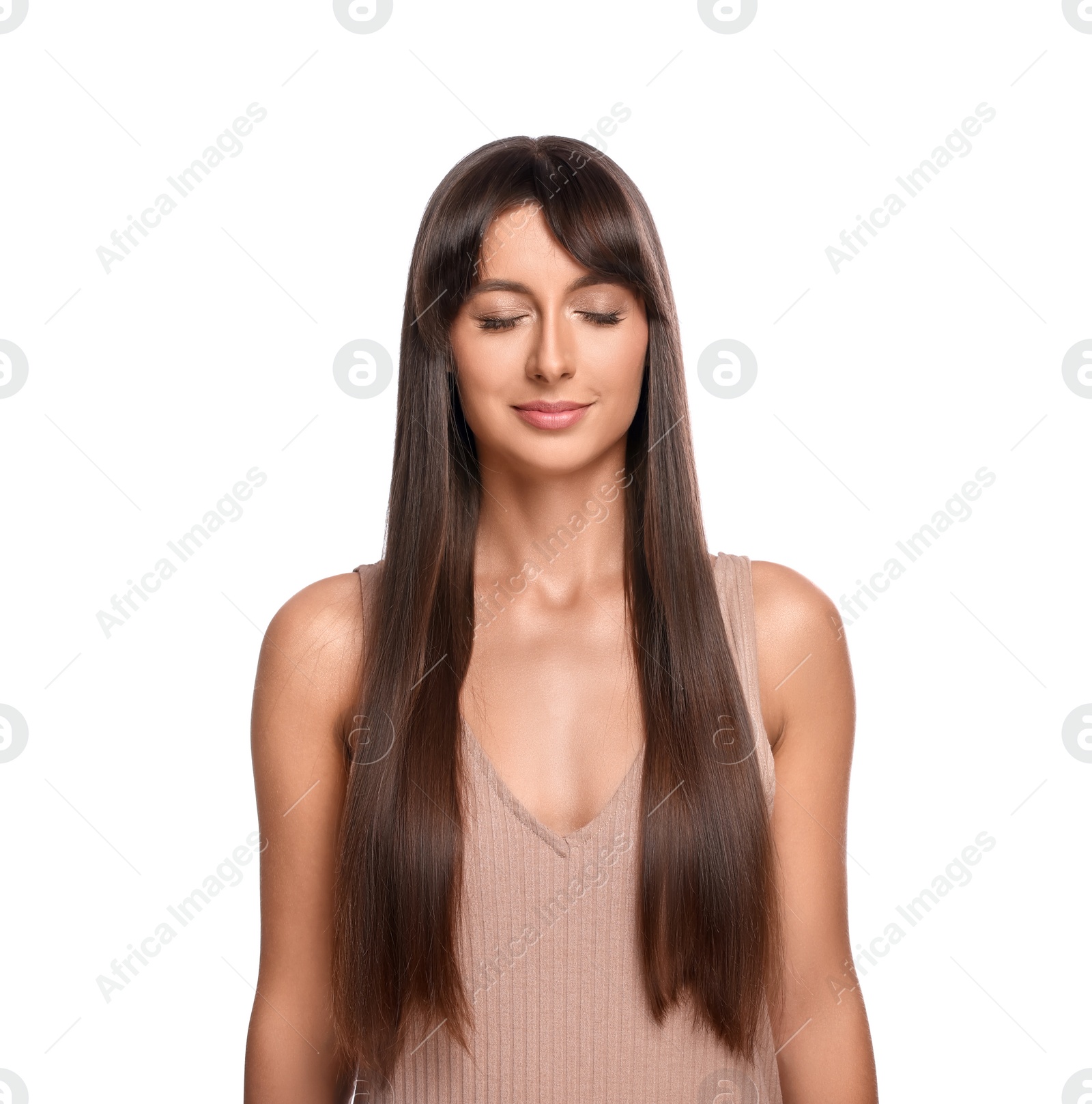 Photo of Hair styling. Beautiful woman with straight long hair on white background