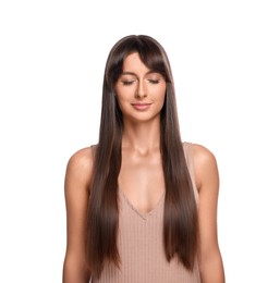 Photo of Hair styling. Beautiful woman with straight long hair on white background