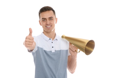 Photo of Portrait of man with megaphone on white background