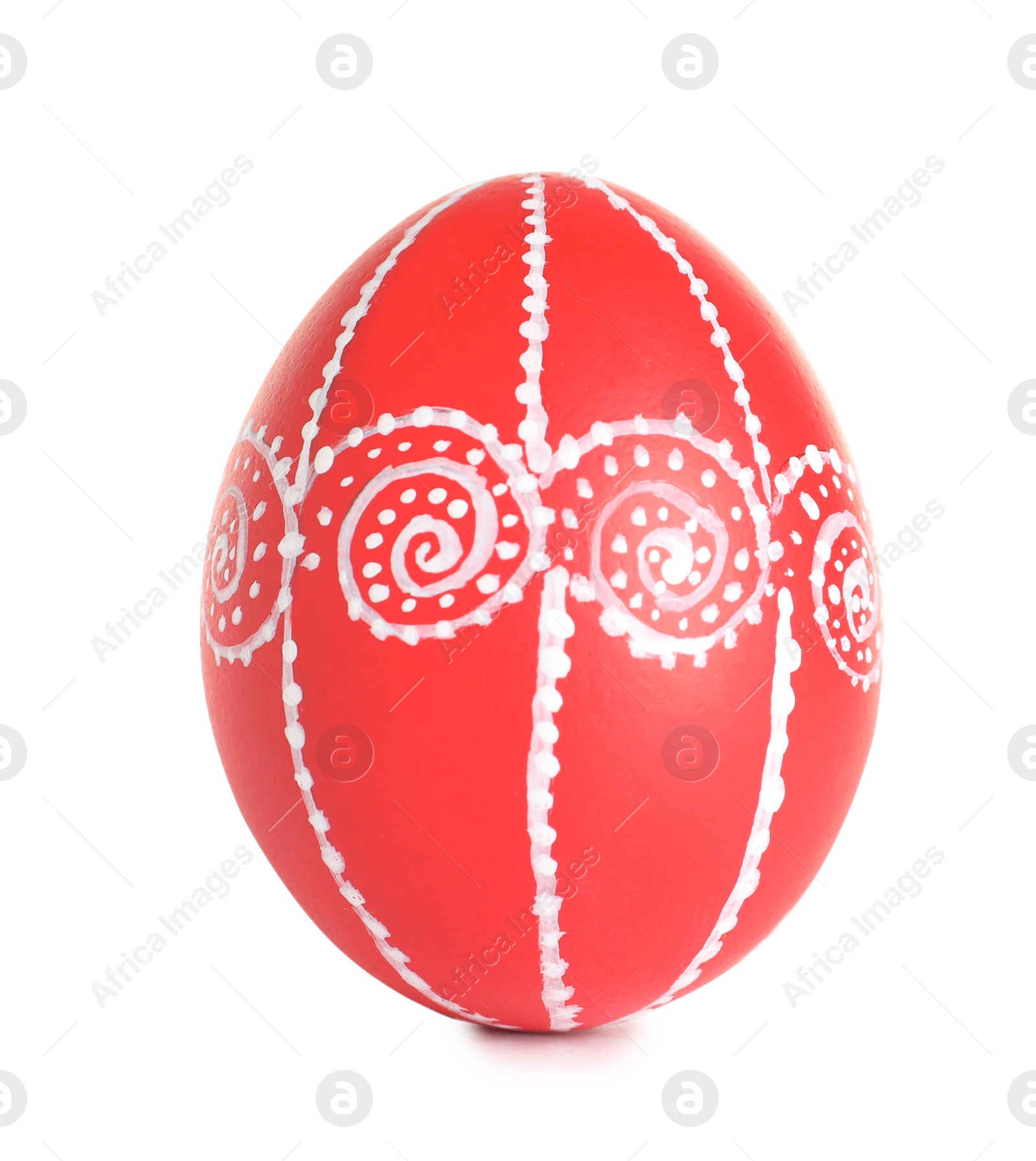 Photo of Creative painted red Easter egg on white background