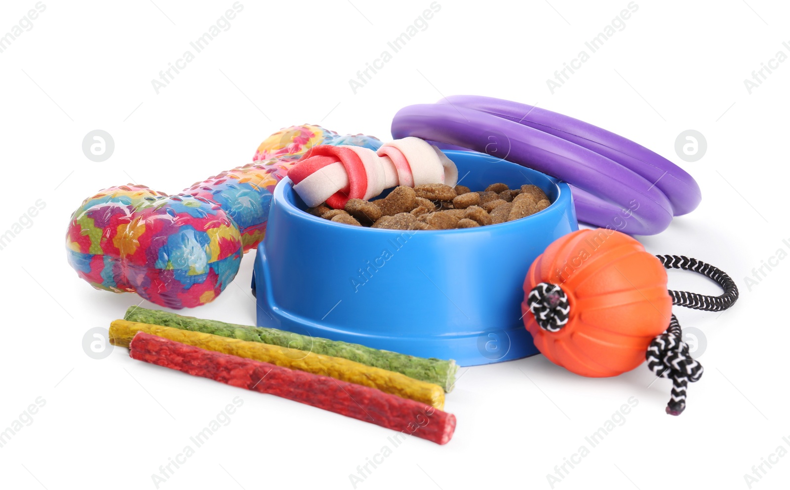 Photo of Different pet food and accessories isolated on white. Shop assortment