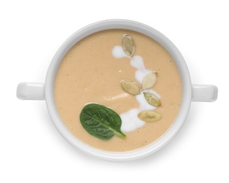 Healthy cream soup high in vegetable fats isolated on white, top view