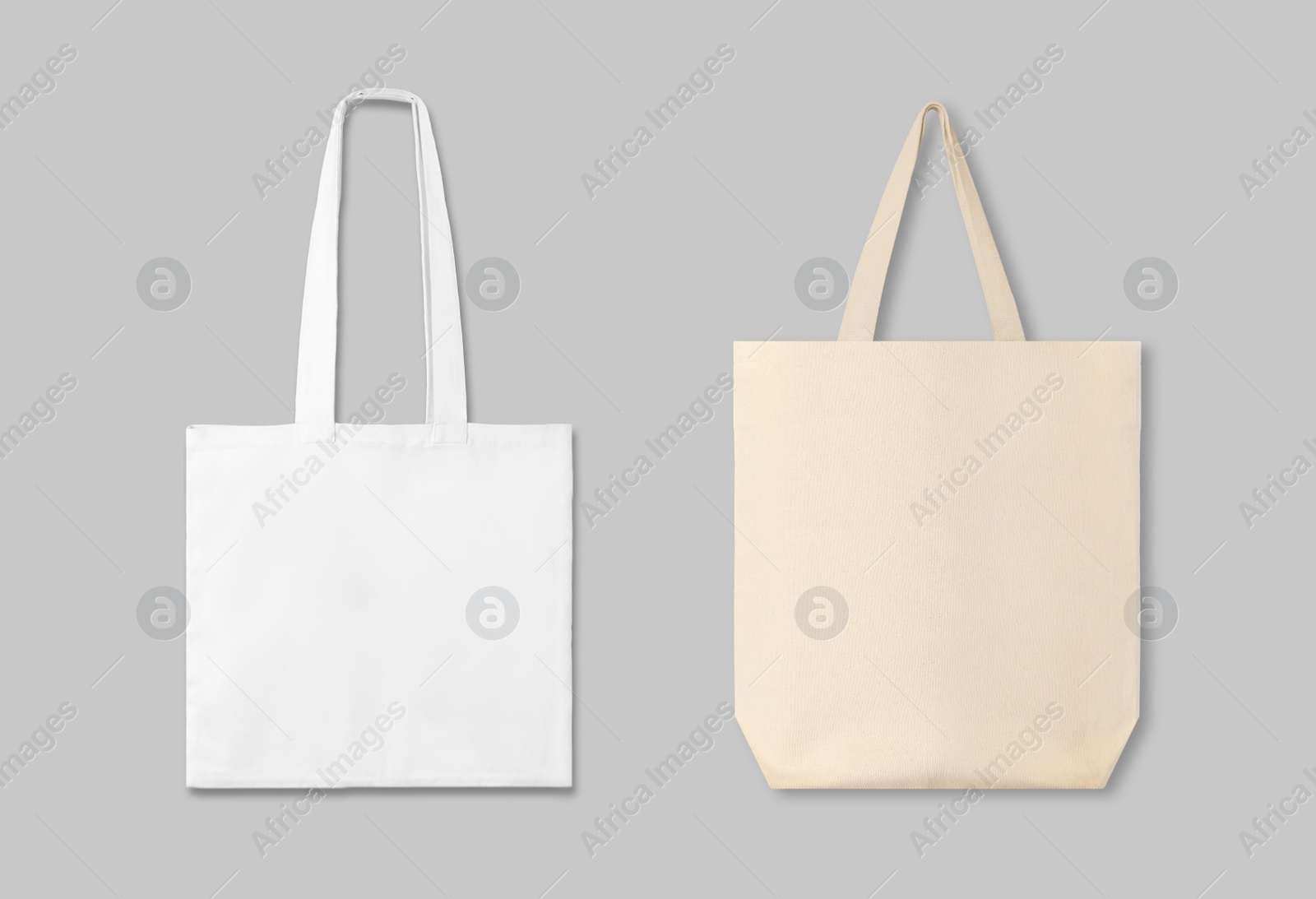 Image of Textile eco bags on light grey background, collage. Mock up for design