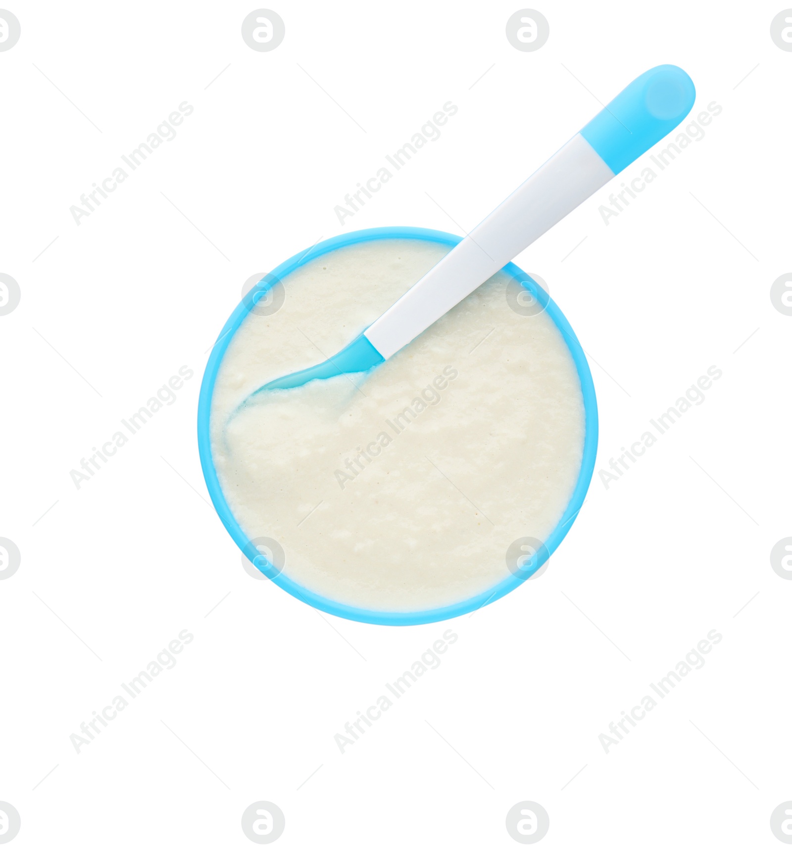 Photo of Healthy baby food in bowl on white background, top view