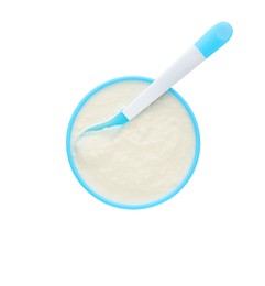 Photo of Healthy baby food in bowl on white background, top view