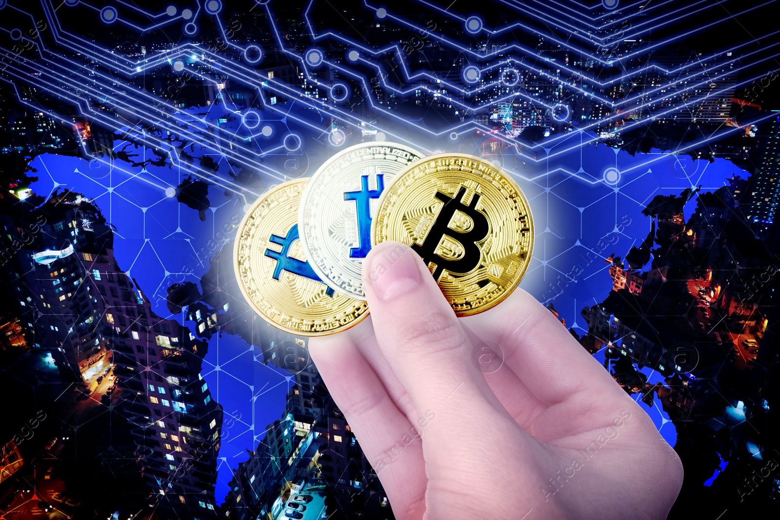 Image of Man holding bitcoins against digital scheme, world map and cityscape, closeup