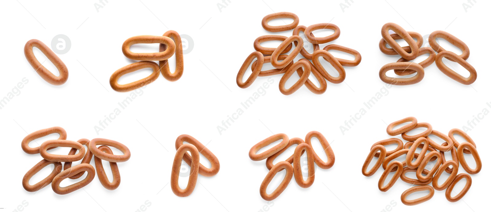 Image of Collage with delicious Sushki (dry bagels) on white background, top view. Banner design