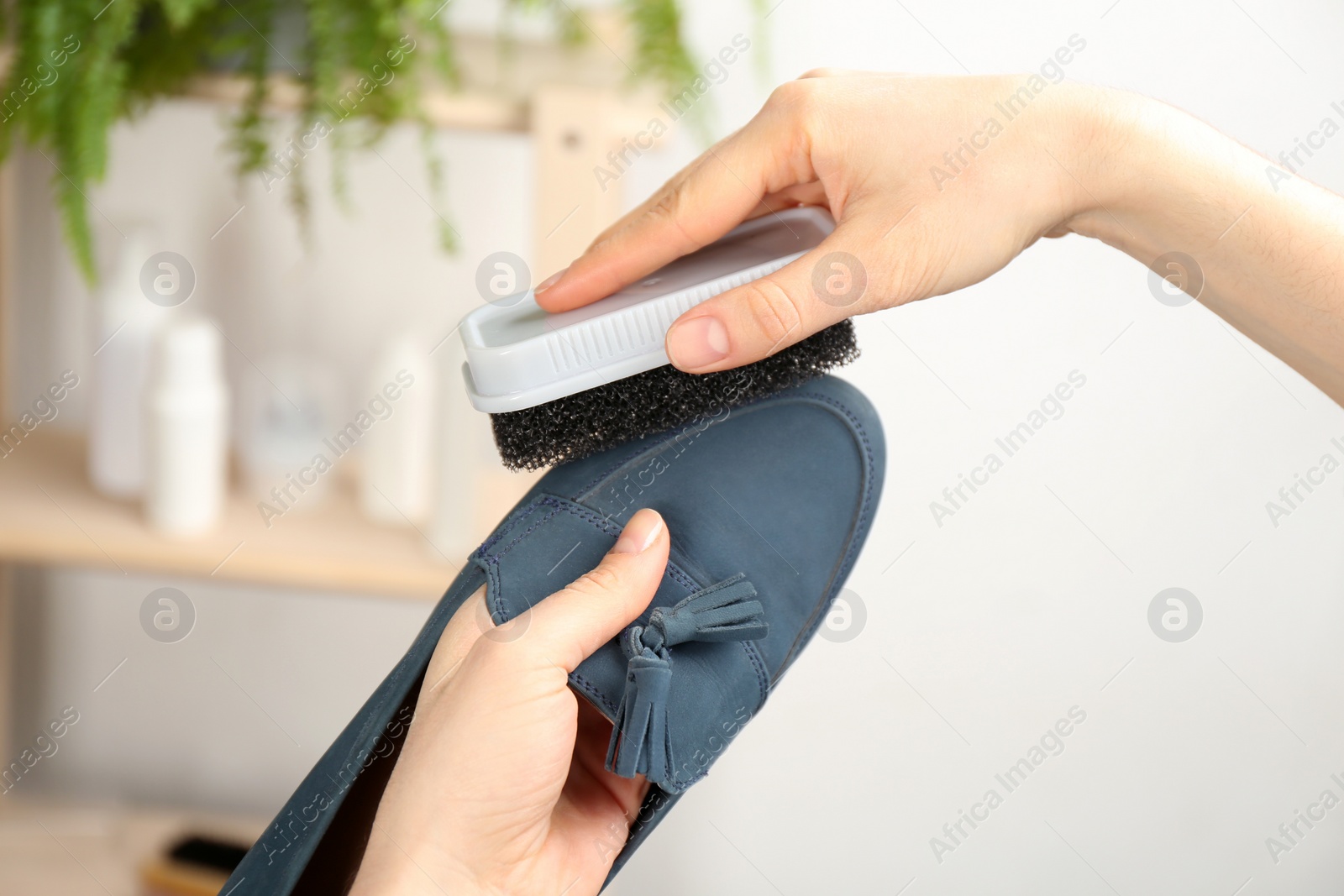 Photo of Woman taking care of stylish shoe indoors, closeup