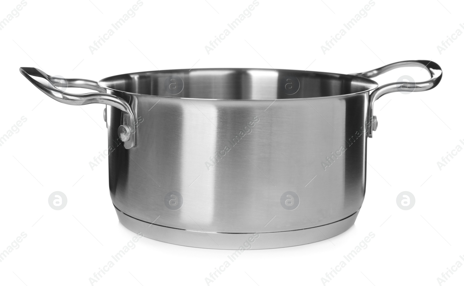 Photo of New shiny pot isolated on white. Domestic kitchenware