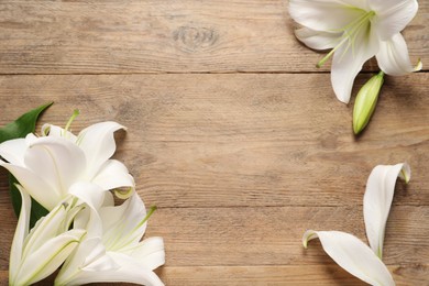 Beautiful white lily flowers on wooden table, flat lay. Space for text