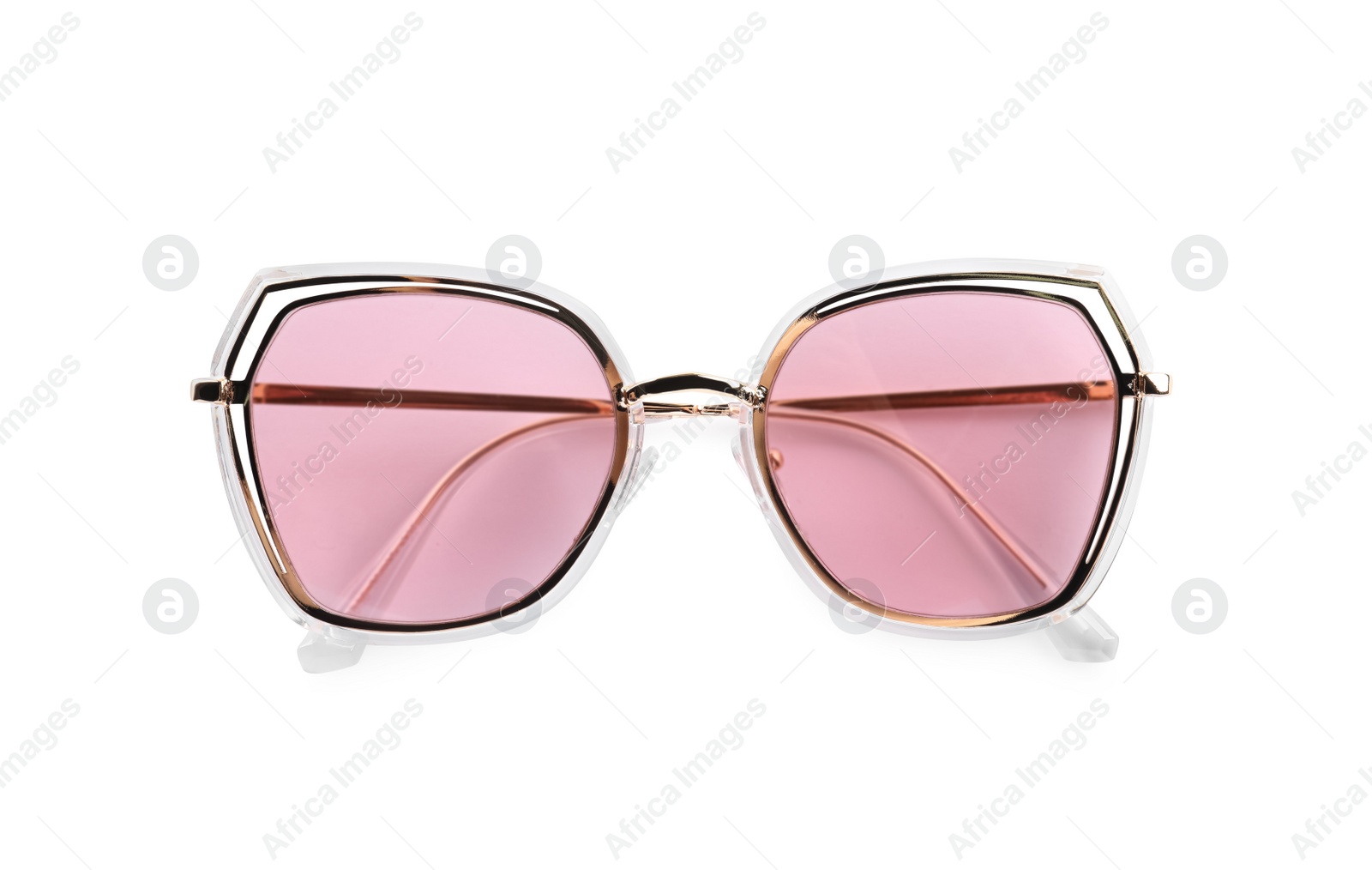 Photo of New stylish sunglasses isolated on white, top view