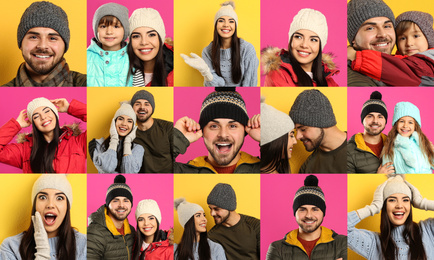 Image of Collage with photos of people wearing warm clothes on different backgrounds. Winter vacation