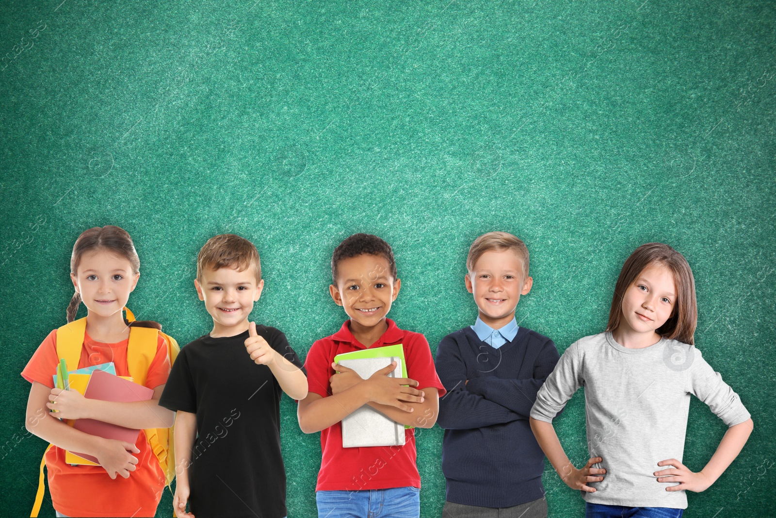 Image of Group of cute school children and chalkboard on background