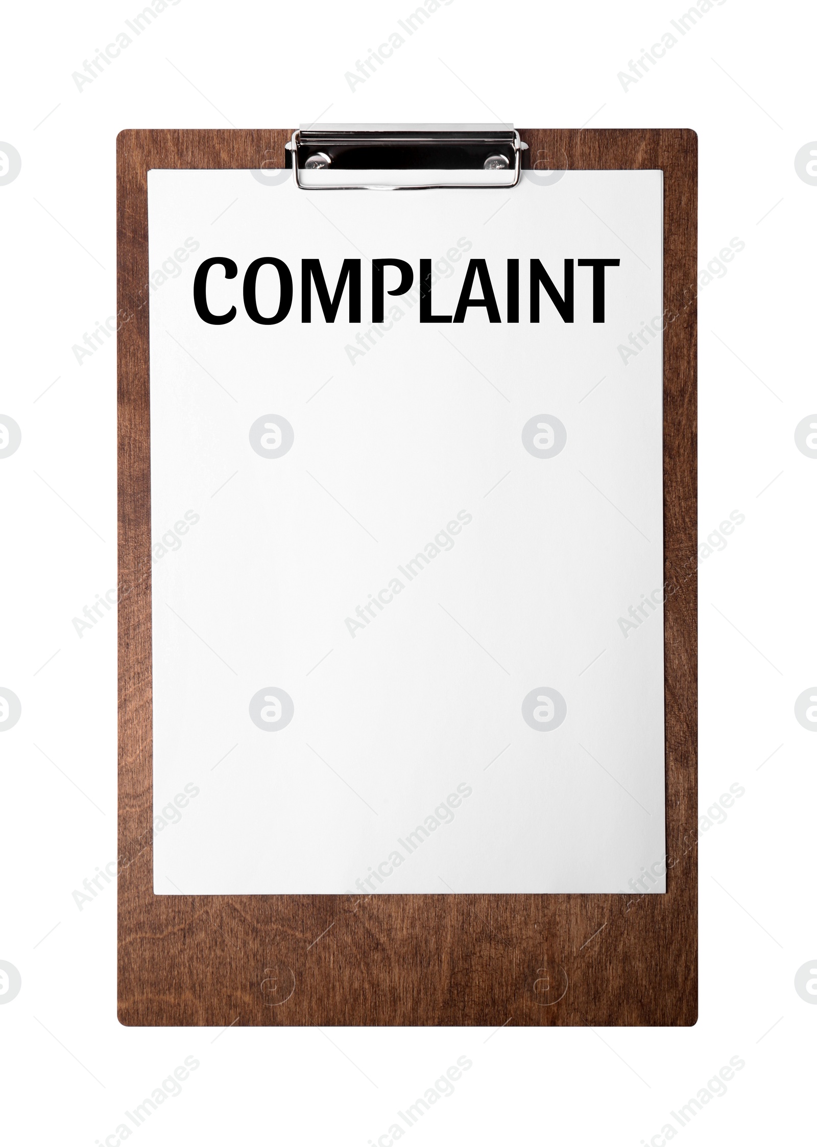 Image of Paper with word Complaints attached to clipboard on white background