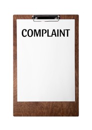 Image of Paper with word Complaints attached to clipboard on white background