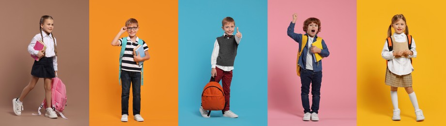 Happy schoolchildren with backpacks on color backgrounds, set of photos