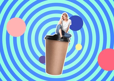 Image of Coffee to go, stylish artwork. Woman sitting on takeaway paper cup against hypnotic spiral background