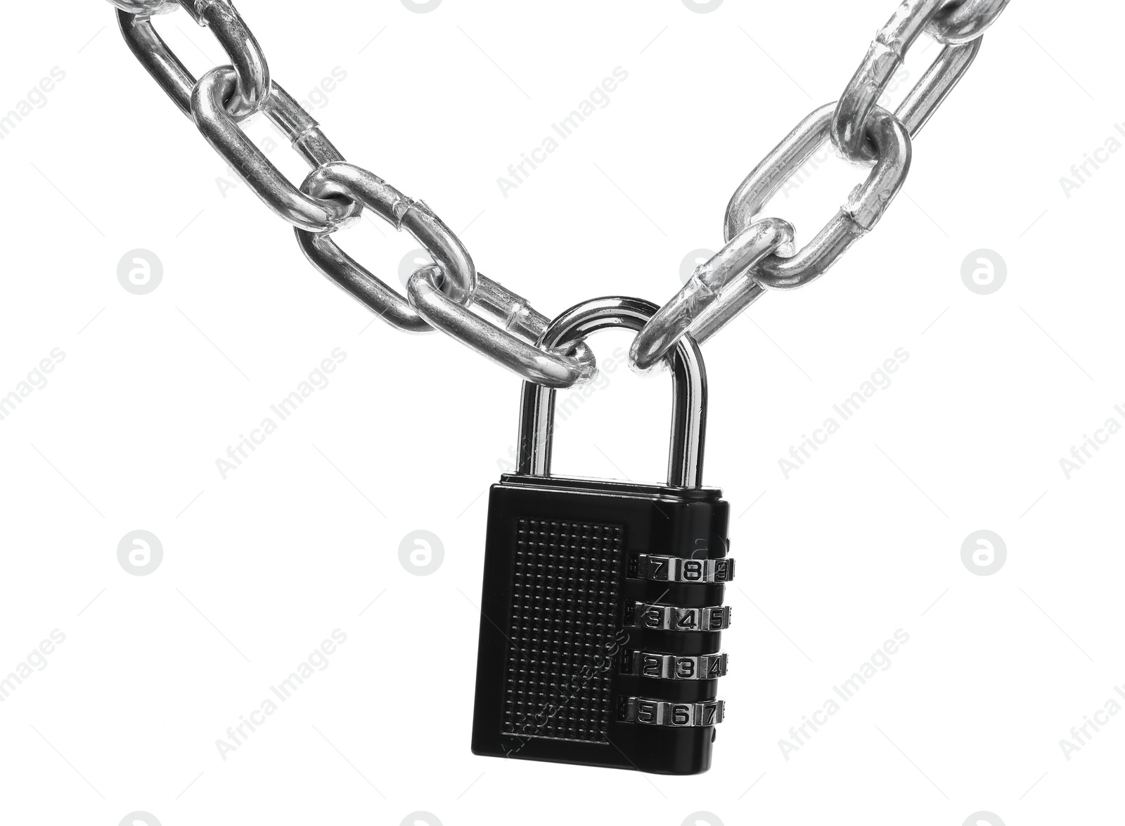 Photo of Steel combination padlock and chain isolated on white