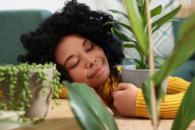 Photo of Relaxing atmosphere. Woman near potted houseplants indoors