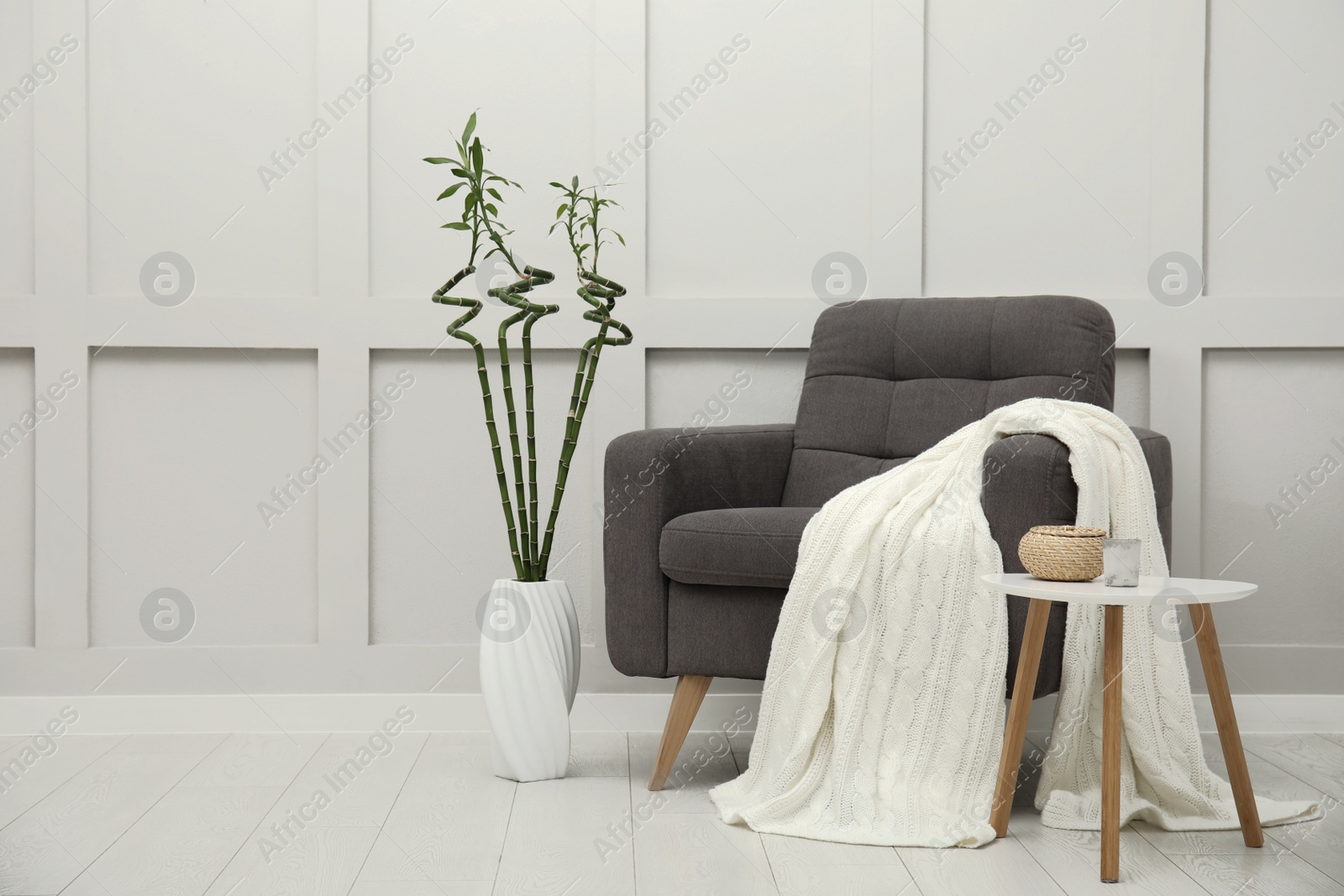 Photo of Vase with green bamboo stems on floor and armchair in room. Interior design