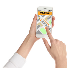 Woman ordering taxi with smartphone on white background, closeup