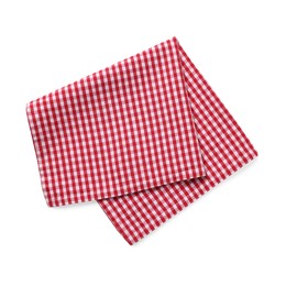 Red checkered tablecloth on white background, top view