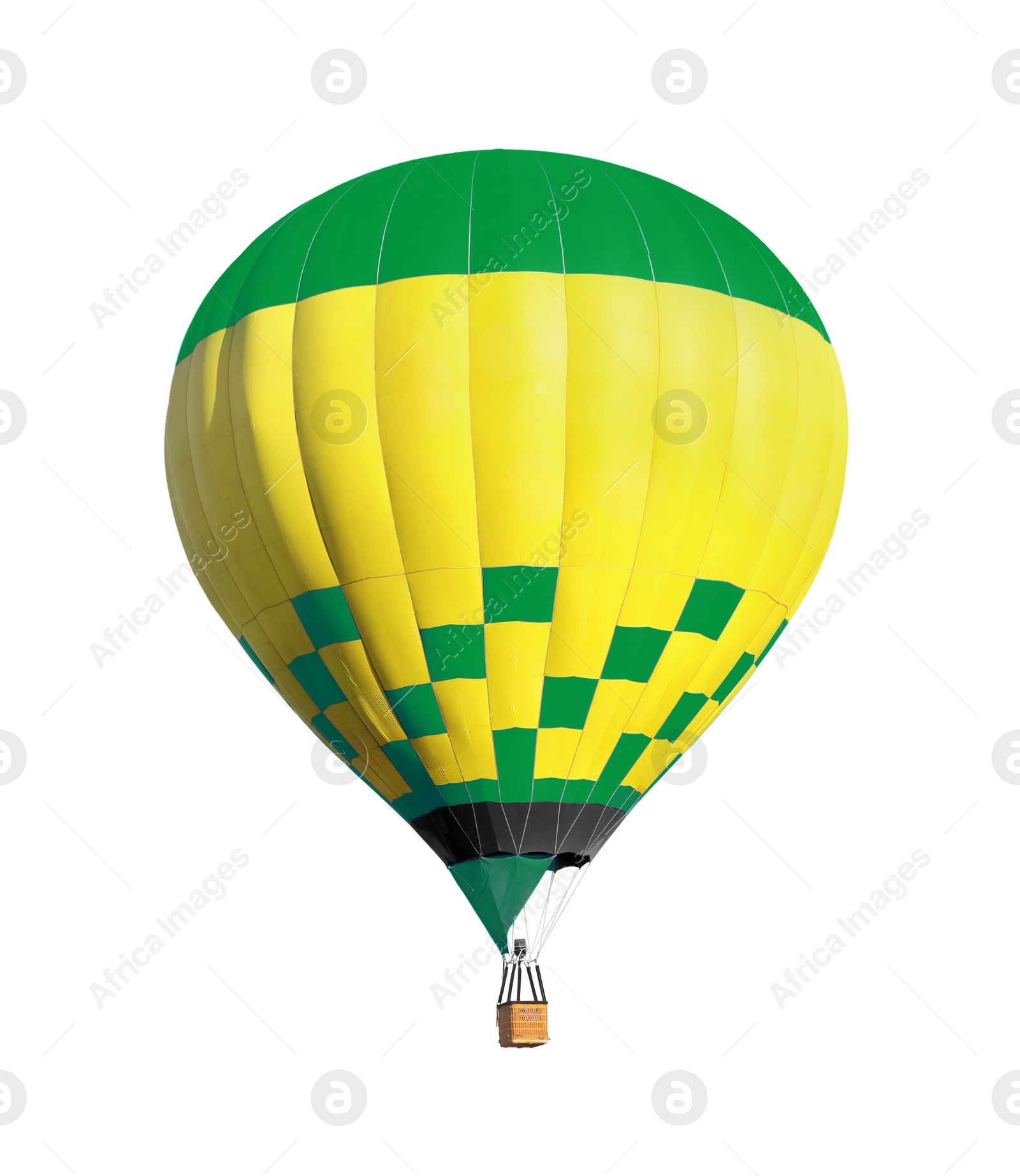 Image of Bright hot-air balloon with wicker basket on white background