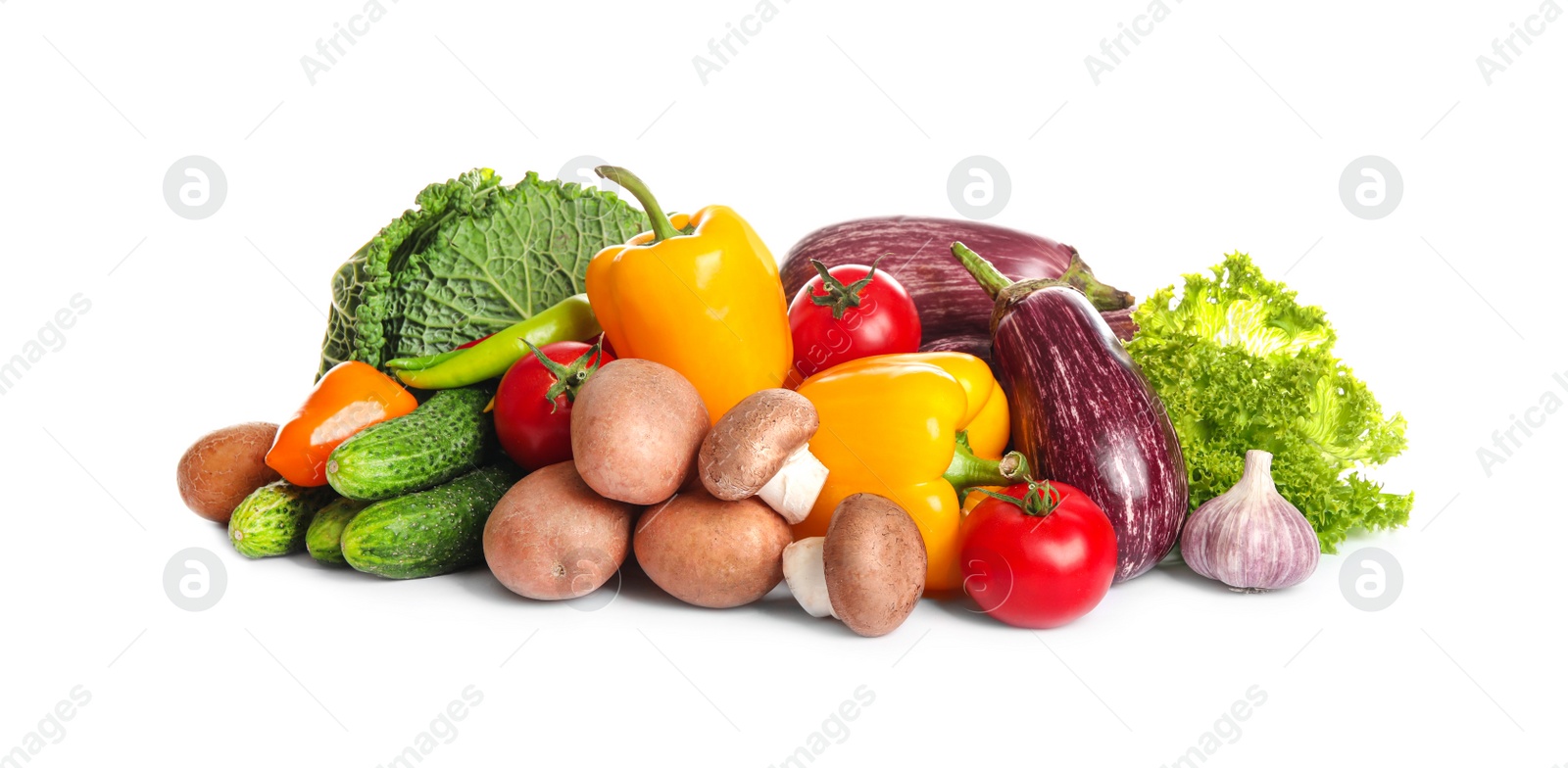 Photo of Different fresh ripe vegetables on white background