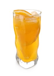 Delicious orange soda water with fruit slice on white background