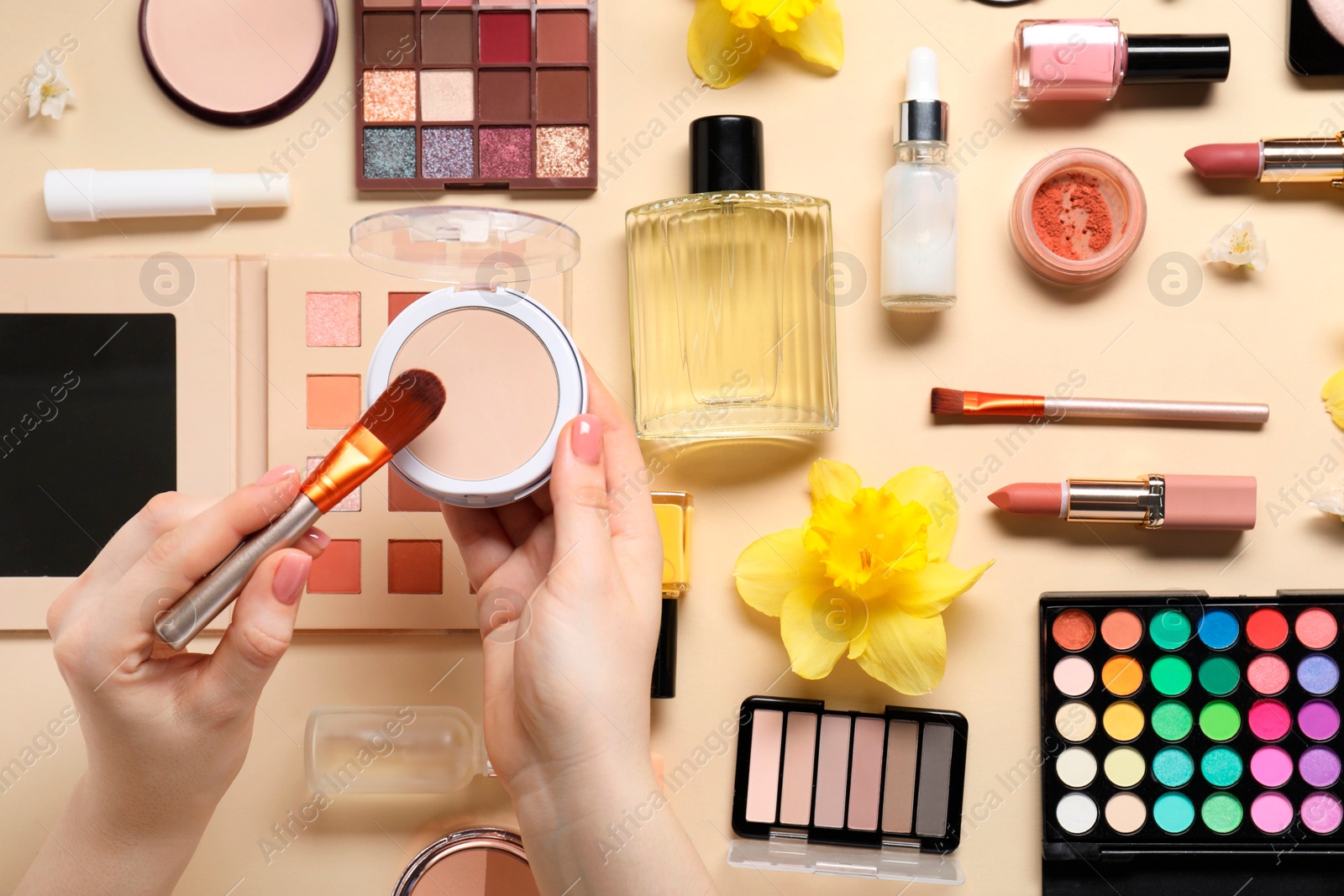 Photo of Woman applying face powder on brush, closeup. Different makeup products and beautiful spring flowers on beige background, top view