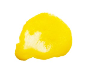 Photo of Blot of yellow watercolor paint isolated on white, top view