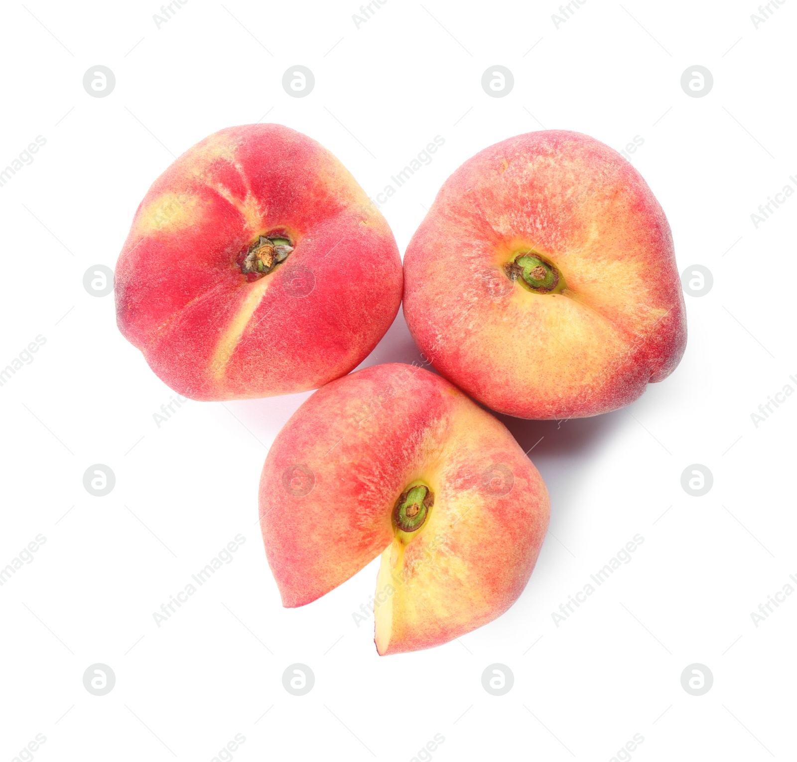 Photo of Fresh ripe donut peaches on white background, top view