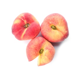 Fresh ripe donut peaches on white background, top view