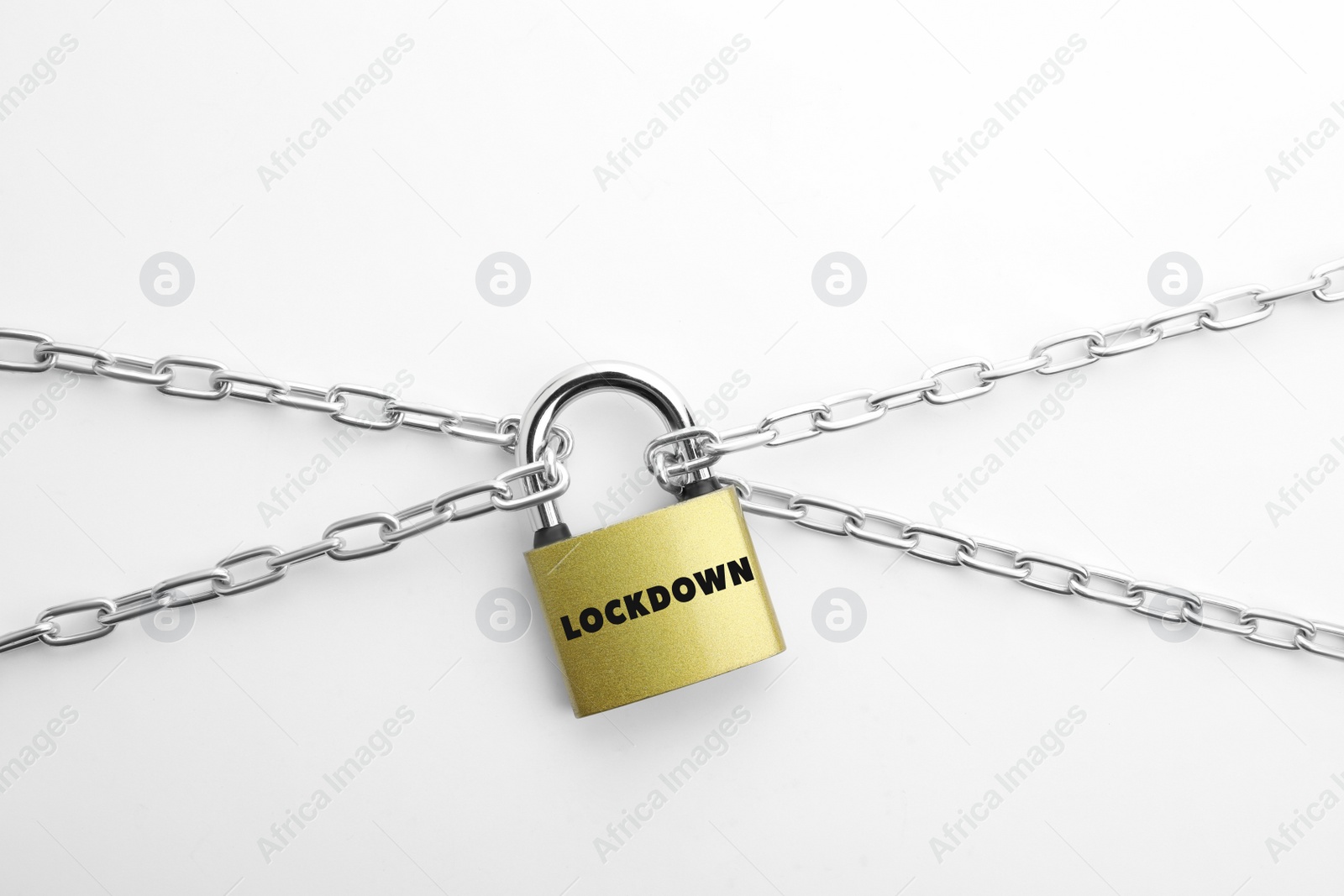 Image of Concept of lockdown due to Coronavirus pandemic. Steel padlock and chain isolated on white, top view