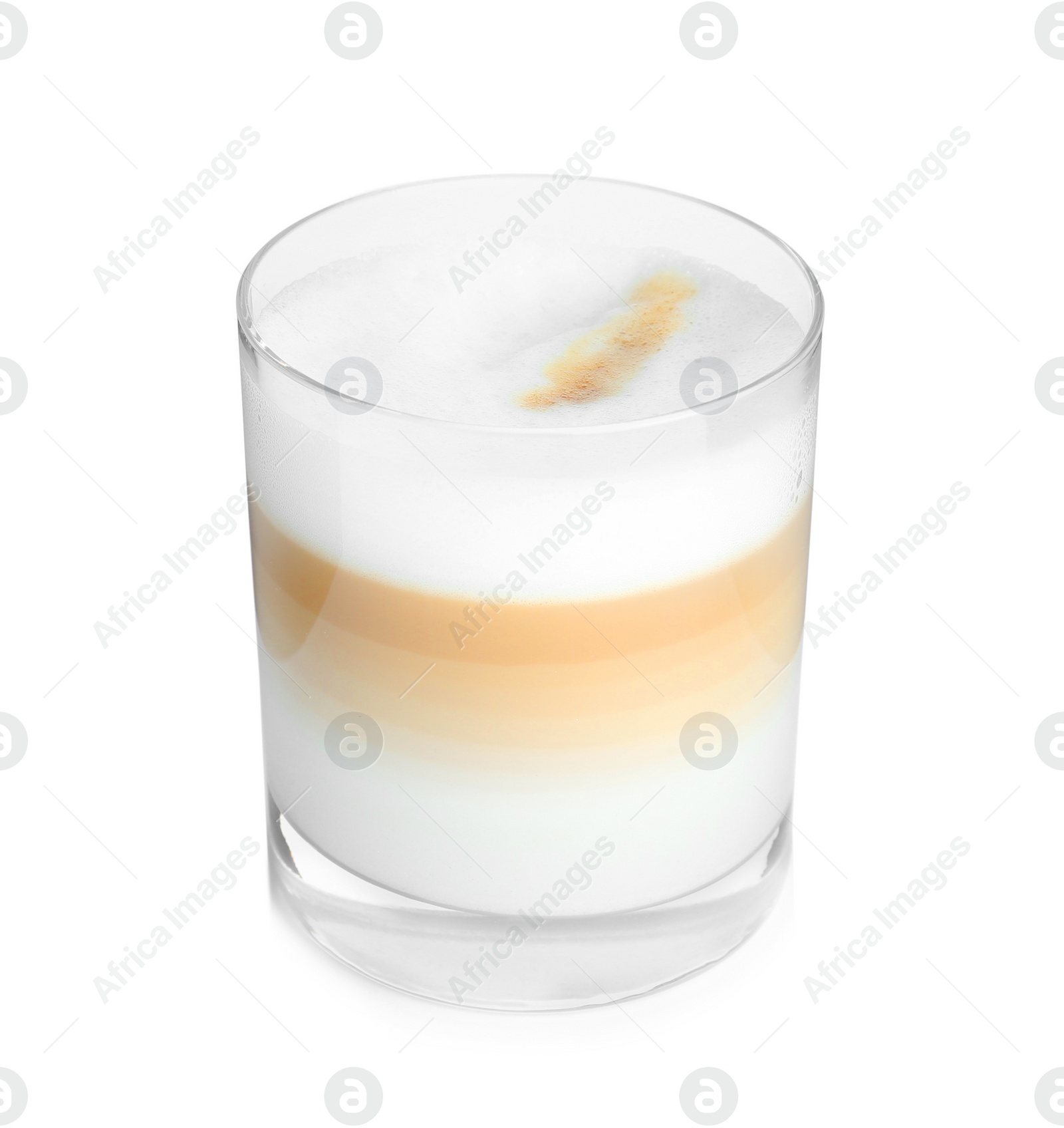 Photo of Glass of delicious latte macchiato isolated on white