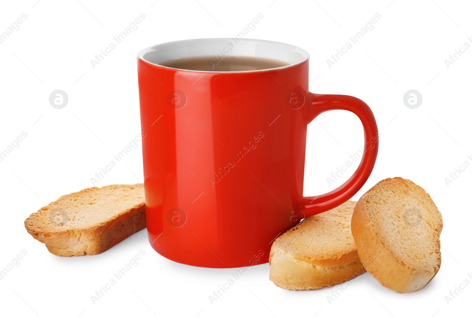 Photo of Hard chuck crackers and cup of tea on white background