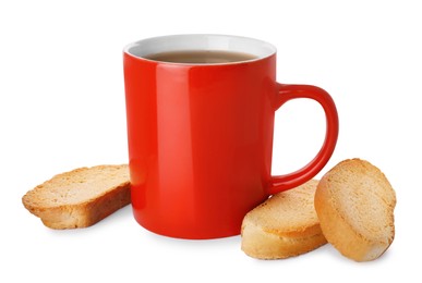 Photo of Hard chuck crackers and cup of tea on white background