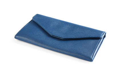 Photo of Stylish blue leather wallet isolated on white