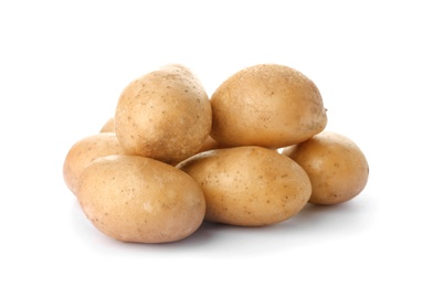 Photo of Fresh ripe organic potatoes on white background