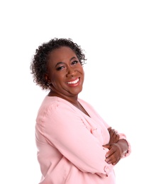 Photo of Portrait of happy African-American woman on white background