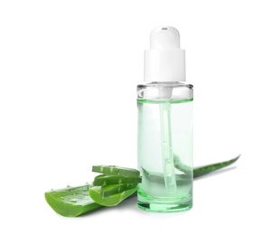 Sprayer with aloe vera juice and fresh leaves on white background