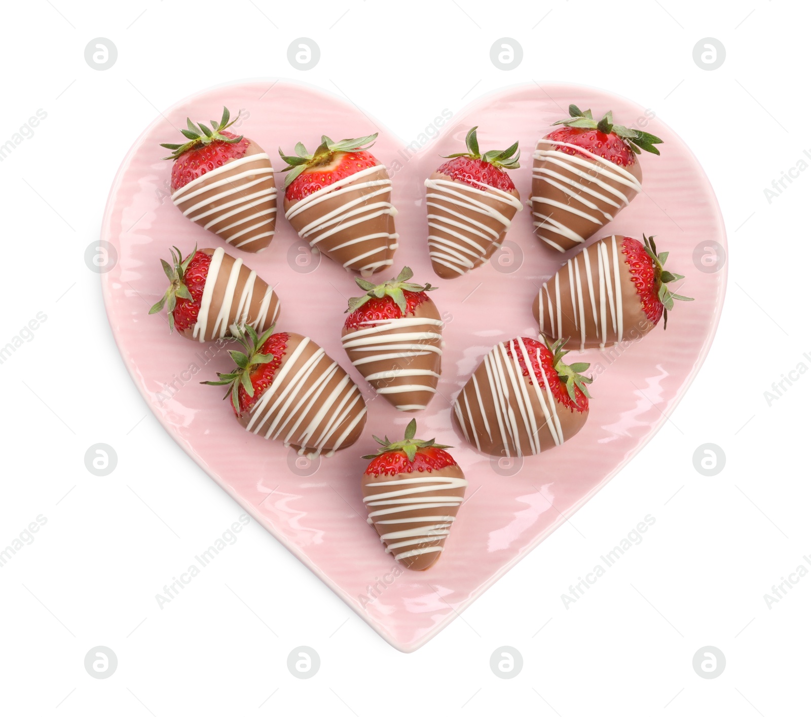 Photo of Heart shaped plate with delicious chocolate covered strawberries isolated on white, top view