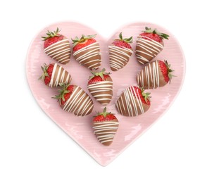 Photo of Heart shaped plate with delicious chocolate covered strawberries isolated on white, top view