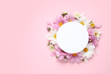 Flat lay composition with beautiful chamomile flowers and blank card on pink background. Space for text