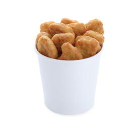 Bucket with tasty chicken nuggets isolated on white