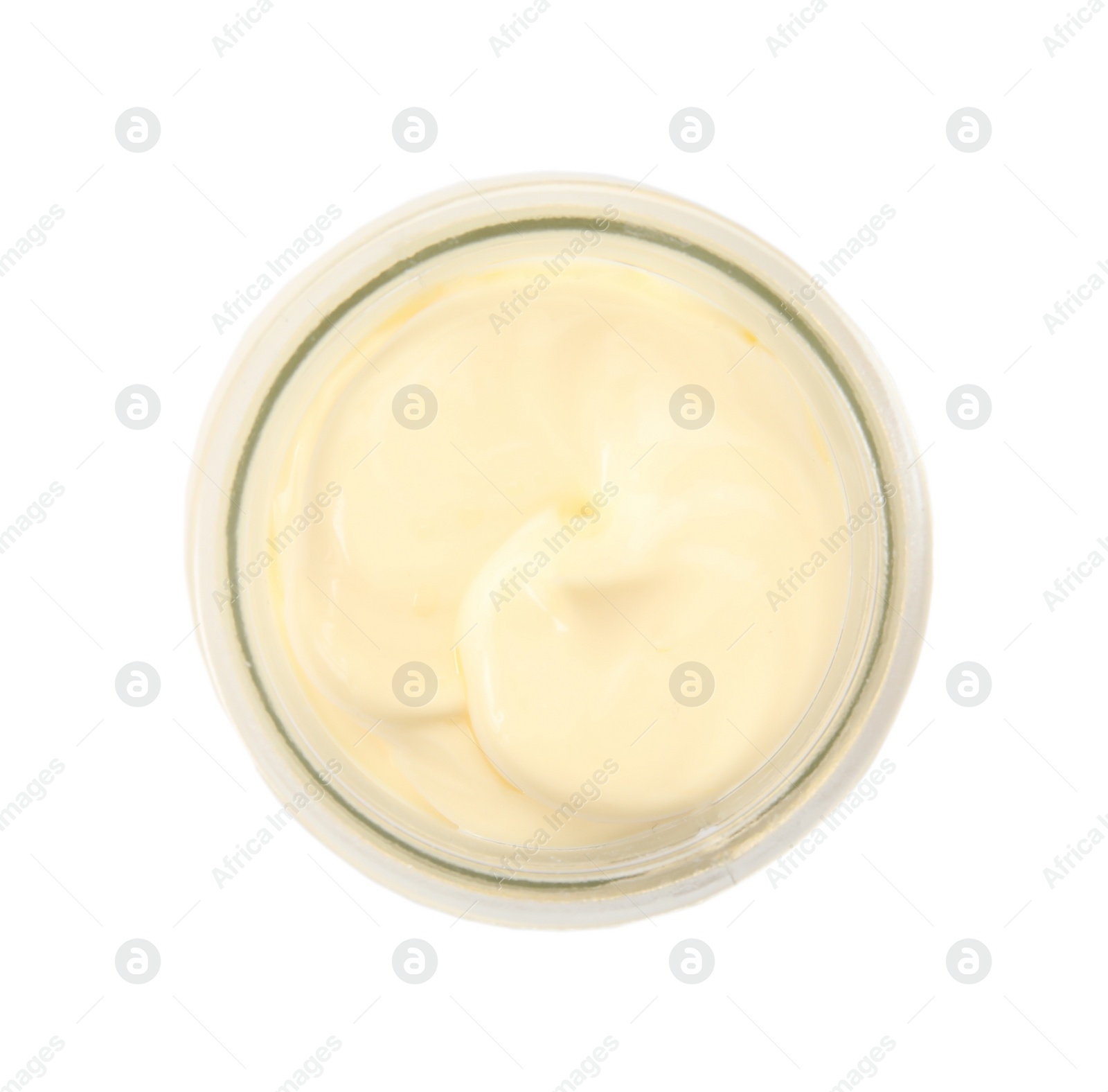 Photo of Jar of delicious mayonnaise isolated on white, top view