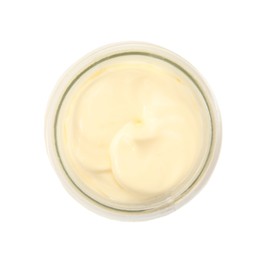 Jar of delicious mayonnaise isolated on white, top view