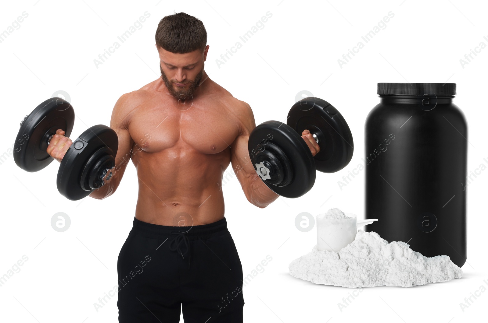 Image of Bodybuilding. Man with muscular torso holding dumbbells on white background. Protein powder in jar and measuring cup